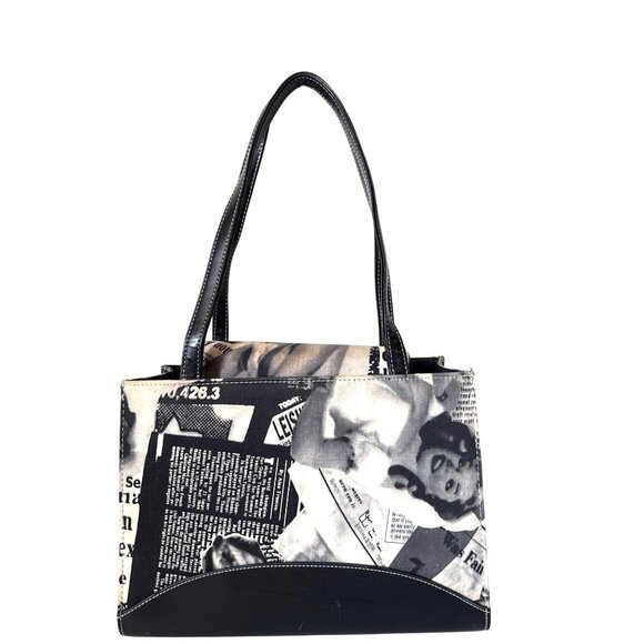 Vintage-Pin Up Inspired Black & White Newspaper Print Handbag With Double Handle - Picture 2 of 10